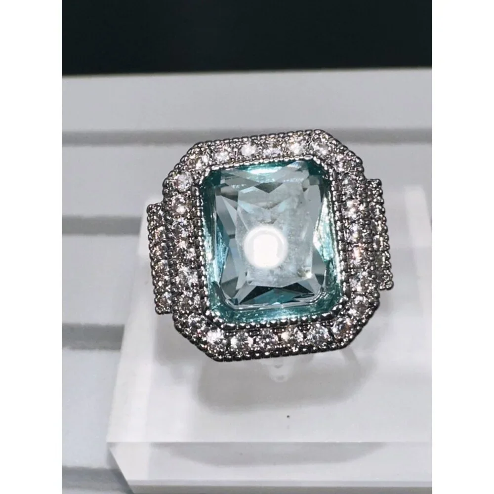 Aquamarine Cubic Zirconia White Crystal Ring Size 10